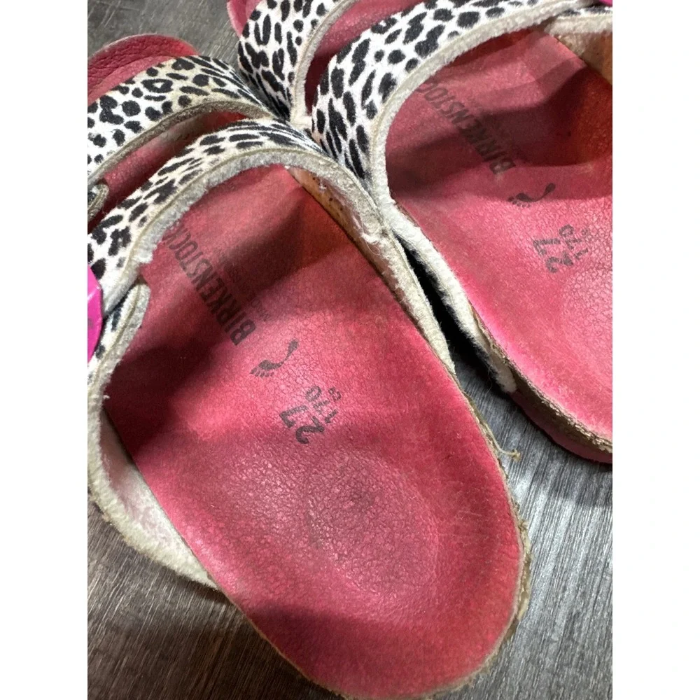 Birkenstock Kids Arizona Leopard Print Calf Hair Pink Sandals Sz 27 EU 10-10.5